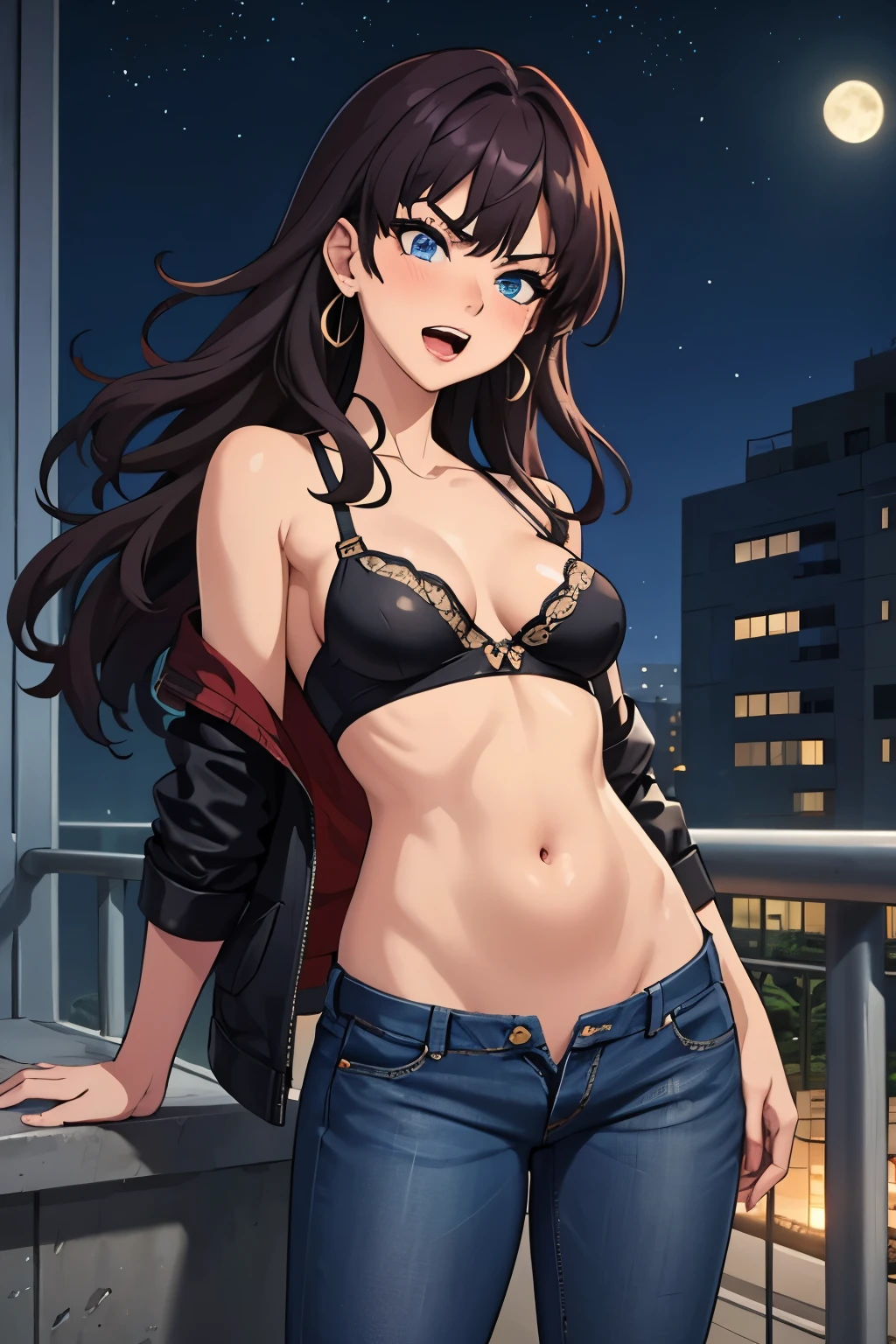 1girl, rin shibuya, large breast,
Hot girl, baddie, staring, glaring, bad attitude, mean girl, dare, angry, hate, crazy, smoking, sensual, attractive, outdoors, rooftop, cityscape, building, railing, night, night sky, scenery, moon, city lights, blush, lipstick, jacket, masterpiece,high quality,4k, bare shoulder,belly,crop top,outdoor,cleavage,jeans,casual dress,street,road,smile, open mouth, (nsfw) not safe for work, holding a gun,handgun, evil expression, exposed belly, exposed navel, exposed midriff, exposed lower belly, crop top overhang, underboob, unbuttoned jeans , low rise black jeans, Low rise jeans, Low rise jeans with open fly