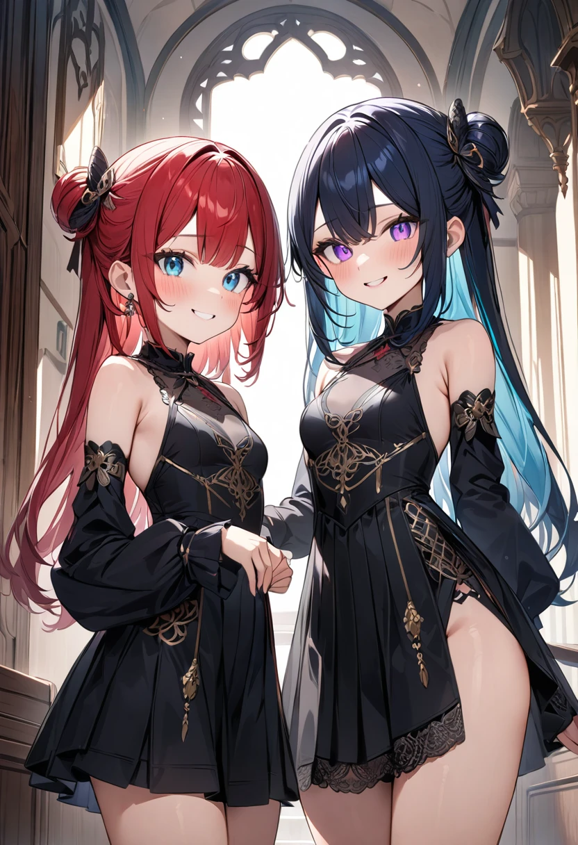 (masterpiece, top quality, very aesthetic, 4k、illustration), intricate detail, 2girls,Standing 、(cowboy shot)、Randomsmile、()、,
Cute 、Random Hair Color、,middle hair,sidelock ,Random Color　eyes、Neat clothes、small breasts、Slim 、