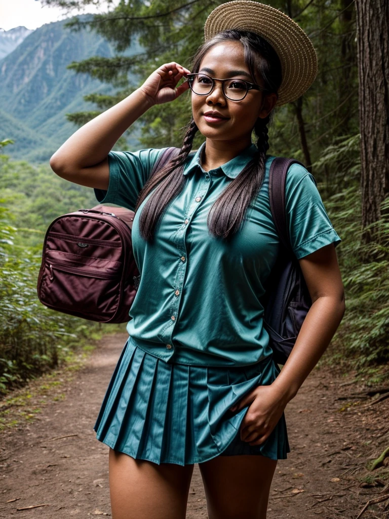 Beautiful filipina, ((in the dim place, in the deep forest, near the river, mountains, dark hour of down)), (((round face))), (blush, open mouth), (eccentric pose, showing off her light pubic hair and genitals, large areolas, swollen nipples, glossy lips), stylish eye glasses, (young woman, ribbon, thick braid, pleated skirt, summer shirt, school bag),