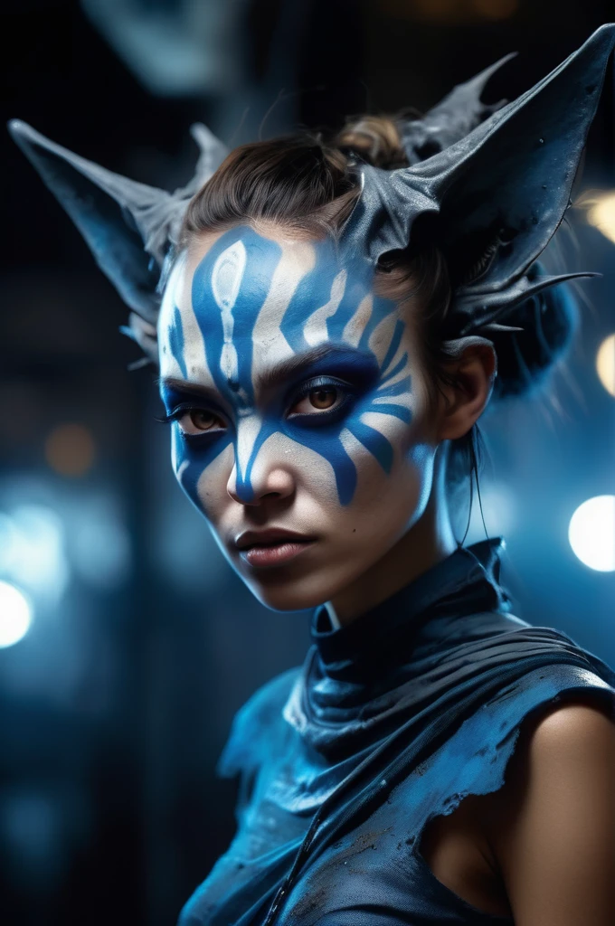 full body length,niobium goblin,ahsoka tano,native africa xenomorph,pretty face,eyebrow up,full body shot,ominous landscape,niobium gray atmosphere,by art Simon Stalenhag,Nicola Samori,(((Wangechi Mutu))),prime colors,urban,extremely detailed,masterpiece,intricate details,faded,eyes extremely detailed, high detailed eyes,4k resolution,RAW, Nikon Z9,scary village,stalker,Bagan of Myanmar,Stone Forest in Yunnan Province of China,Zhangjiajie National Forest Park of China,pretty face,intricate details,realistic humid skin,extremely intricate details,anatomically correct,
eyes extremely detailed, high detailed eyes,High contrast,Ultra HD,Retina,HDR,photo,photorealism,Masterpiece,
natural skin textures, hyper realism,hyper detailed,High contrast,Realism,Ultra Detailed,irina yermolova,
close full body shot,32K resolution,Nikon Z9, ,demonic, dust, smoke, audience, mist, featuring ultra-realistic and hyper-realistic elements,
 inspired by Marta Bevacqua, Ellen Jewett, Kawacy, Katsuya Terada, and Carne Griffiths.
 Rendered with a color palette consisting of blue, Obsidian and white.
 Utilizes futuristic lighting effects such as light halation, light stroke, light beam, explosive lightning,
 sparks, concert lighting, light-bulb, bokeh, and/or other effects to create a luminal space that feels
 both bright and surreal. Includes liquid fluid elements for added depth and movement. Rendered in an unreal 
engine and post-processed to achieve . Evokes a sense of dreamy, ethereal 
and mystical mood