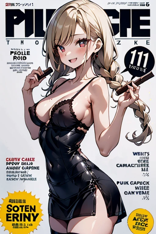 (small breasts:1.2), (perky chest:1.2), (pointed chest:1.2), (Pudding cake magazine cover:1.3),(from below:1.0),(shoot from the side:1.1),masterpiece, 1girl, Amazing Cleavage:1.1, thin waist, optimum,tmasterpiece,hight resolution,best qualtiy,hyper HD,super detailing,awardwinning,a 18yo cute girl,(The upper part of the body),anatomy correct,Beautiful Black miniskirt,garters,Gaze,Small face,bangss,holster,Beautuful Women,hands up,leg holster,Gaze,black boots,Cowboy Shot,cute face,a blond,Longhaire,Twin-tailed,Braids, Hairline,(scarlet eyes),long eyelasher,Hanging eye corners,White skin of the, ((see through camisole:1.1)), ((Sheer nipples:1.0)),Rocket Tits,(Slim body),smile,seductive weak smiling,(with sparkling eyes and a contagious smile),little open mouth, Looking at Viewer,