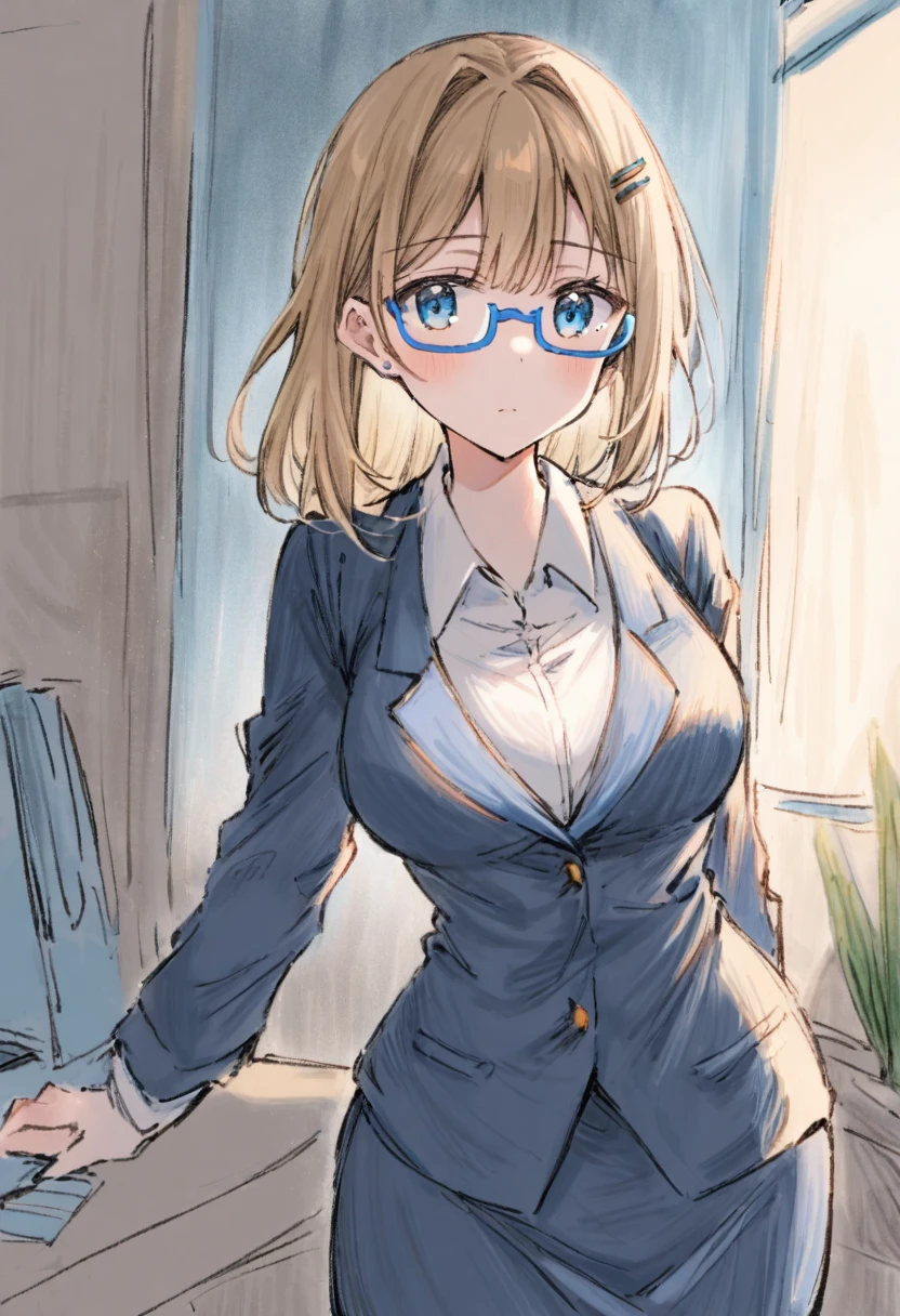 1girl,22years old, office lady,kawaii,intellectual,long blonde hair, blue eyes,jitome,brown hair pin,blue frame glasses,navy blazer,collared shirt,navy tight skirt, office, masterpiece, best quality, absurdres, cowboy shot, colored pencil art style, hand-drawn aesthetic, soft shading, textured paper background, gentle colors, sketch-like quality, artistic portrait, delicate lines, subtle blending, warm lighting
