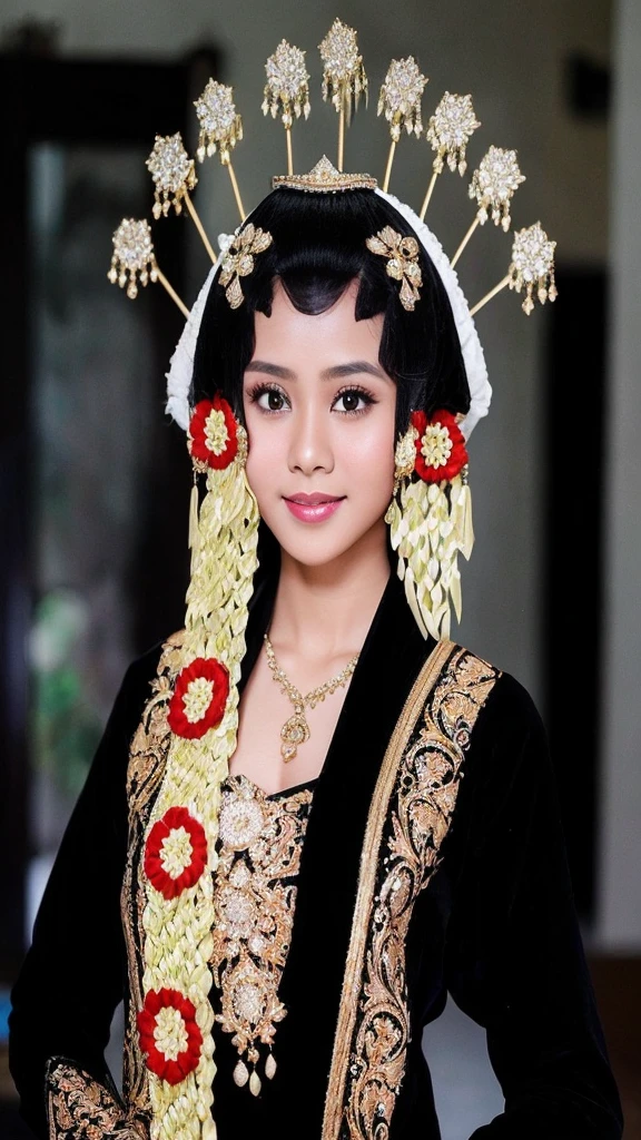 Real photo of a young woman from Indonesia, wearing a black hijab and wearing traditional Indonesian Javanese clothing with a photo studio background, quality photo facing forward with a happy expression ((masterpiece, best quality, ))
