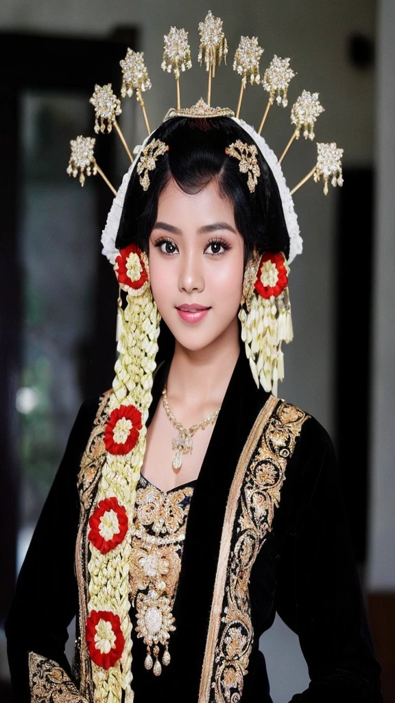 Real photo of a young woman from Indonesia, wearing a black hijab and wearing traditional Indonesian Javanese clothing with a photo studio background, quality photo facing forward with a happy expression ((masterpiece, best quality, ))
