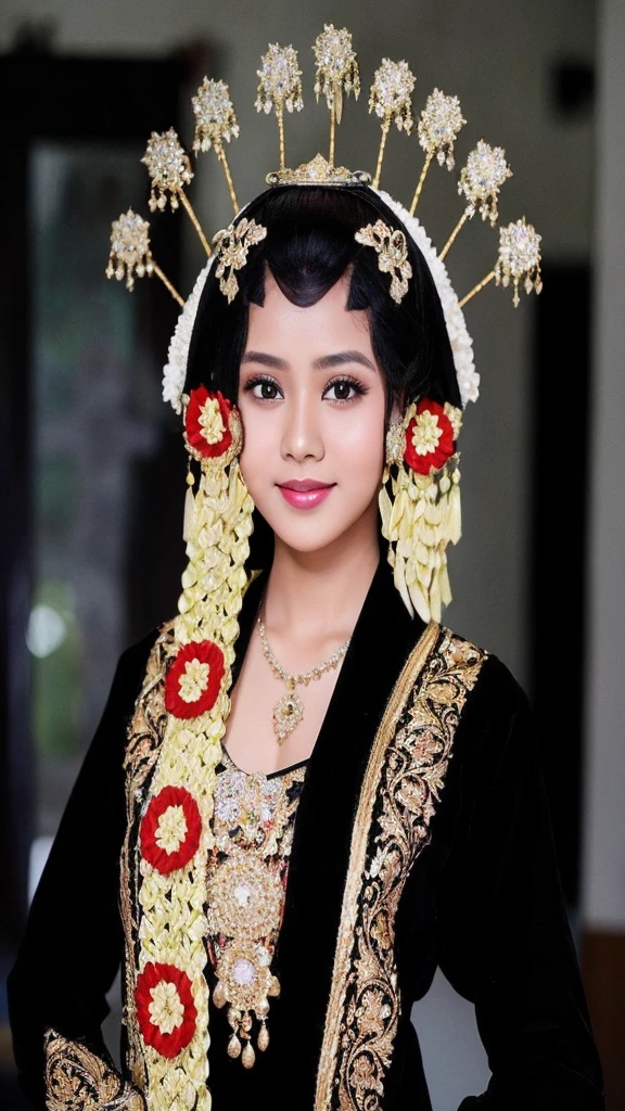 Real photo of a young woman from Indonesia, wearing a black hijab and wearing traditional Indonesian Javanese clothing with a photo studio background, quality photo facing forward with a happy expression ((masterpiece, best quality, ))