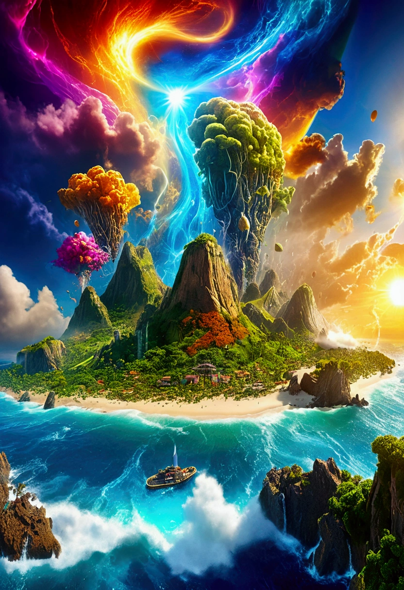(Mysterious Island), in Starry Solstice, inspired by the glow of colorful distant celestial bodies, lighting up the night sky with a gentle hint of warmth and longing for the beauty that exists far beyond our reach, award-winning, cinematic still, emotional, vignette, dynamic, vivid, (masterpiece, best quality, Professional, perfect composition, very aesthetic, absurdres, ultra-detailed, intricate details:1.3)