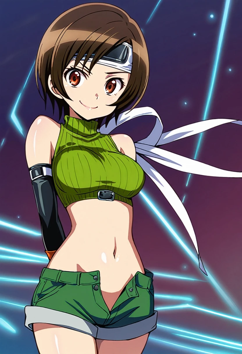 score_9, score_8_up, score_7_up,,BREAK source_anime, from front,front view,,arms behind back.upperbody,,looking_at_viewer,1girl, yuffie kisaragi, final fantasy, short hair,headband,navel,sleeveless,turtleneck,brown eyes,sleeveless turtleneck,solo,breasts,looking at viewer,smile,gloves,crop top,brown hair,shorts,midriff,,sweater,open fly,fingerless gloves,ribbed sweater,medium breasts,,smile,smug,best quality,aesthetic,very aesthetic,masterpiece,(high-resolution), 