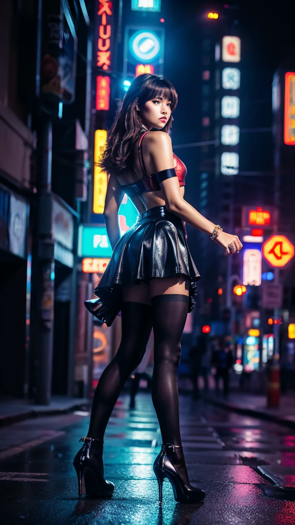 Beautiful Iron Man，Full body portrait，Wearing a JK skirt，Black pantyhose，Wearing high heels，Cyberpunk，Night，Hyperrealism，Neon Street，Ray Tracing，masterpiece，Light and Shadow，Fine drawing