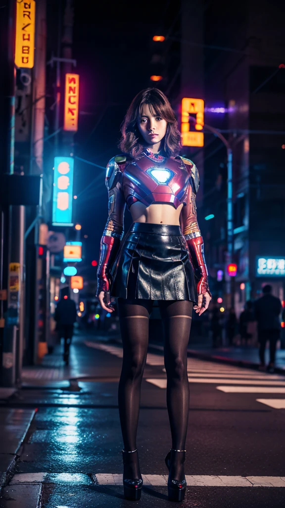 Beautiful Iron Man,Full body portrait,Wearing a JK skirt,Black pantyhose,Wearing high heels,Cyberpunk,Night,Hyperrealism,Neon Street,Ray Tracing,masterpiece,Light and Shadow,Fine drawing