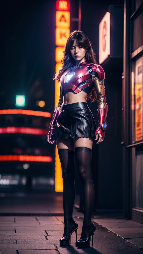 Beautiful Iron Man,Full body portrait,Wearing a JK skirt,Black pantyhose,Wearing high heels,Cyberpunk,Night,Hyperrealism,Neon Street,Ray Tracing,masterpiece,Light and Shadow,Fine drawing