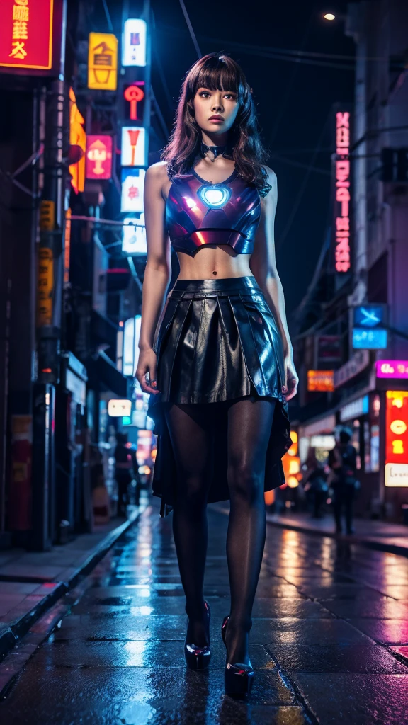 Beautiful Iron Man，Full body portrait，Wearing a JK skirt，Black pantyhose，Wearing high heels，Cyberpunk，Night，Hyperrealism，Neon Street，Ray Tracing，masterpiece，Light and Shadow，Fine drawing