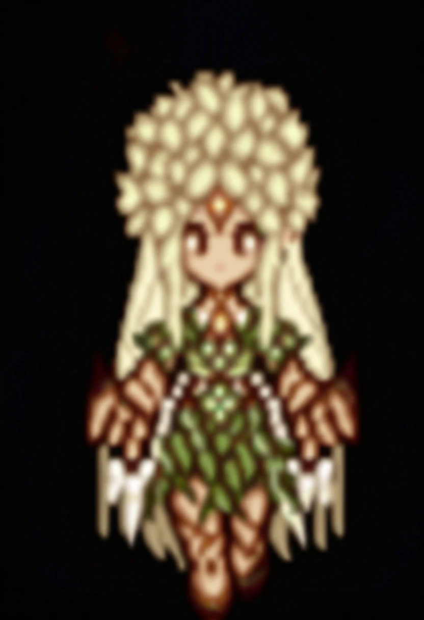Close-up of a cross-stitch painting of a woman holding flowers, Brush ff6, Pixel Art Sprites, Visual Novel Sprites, Snakeskin Armor Forest Dryad, Symmetrical Portrait RPG Avatar, Jellyfish Shrine Maiden 8k, Elf girl in floral dress, Full body sprite, made in rpg maker, Sprite Art, Jellyfish Shrine Maiden, Sprite 2D