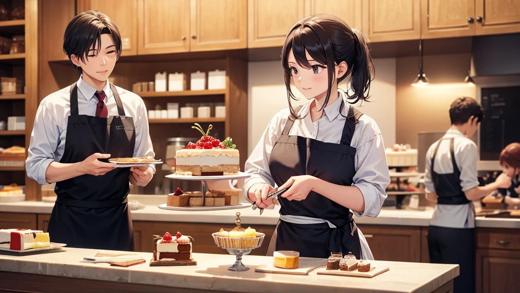 A pastry chef working hard to make a cake in front of a family of customers, High resolution,Highest quality,
