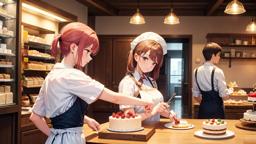 A pastry chef working hard to make a cake in front of a family of customers, High resolution,Highest quality,