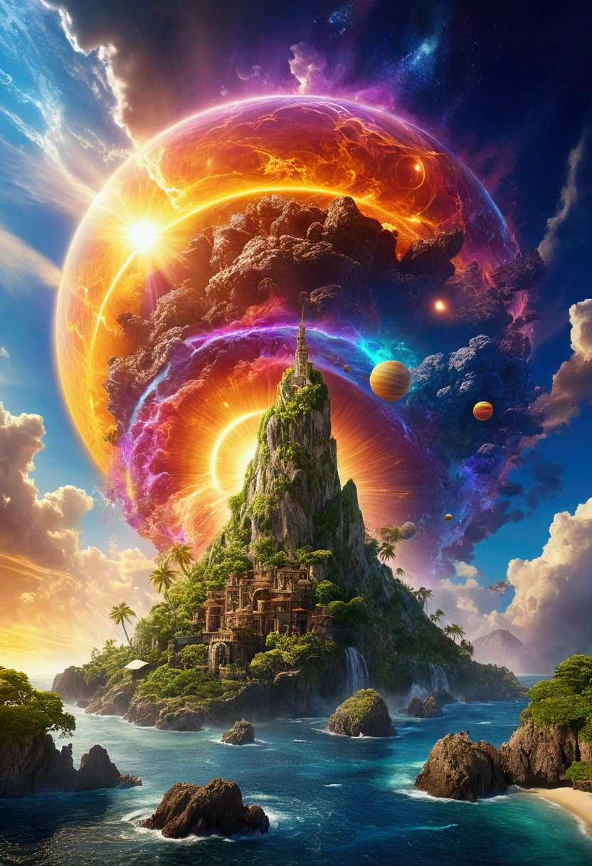 (Mysterious Island), in Starry Solstice, inspired by the glow of colorful distant celestial bodies, lighting up the night sky with a gentle hint of warmth and longing for the beauty that exists far beyond our reach, award-winning, cinematic still, emotional, vignette, dynamic, vivid, (masterpiece, best quality, Professional, perfect composition, very aesthetic, absurdres, ultra-detailed, intricate details:1.3)