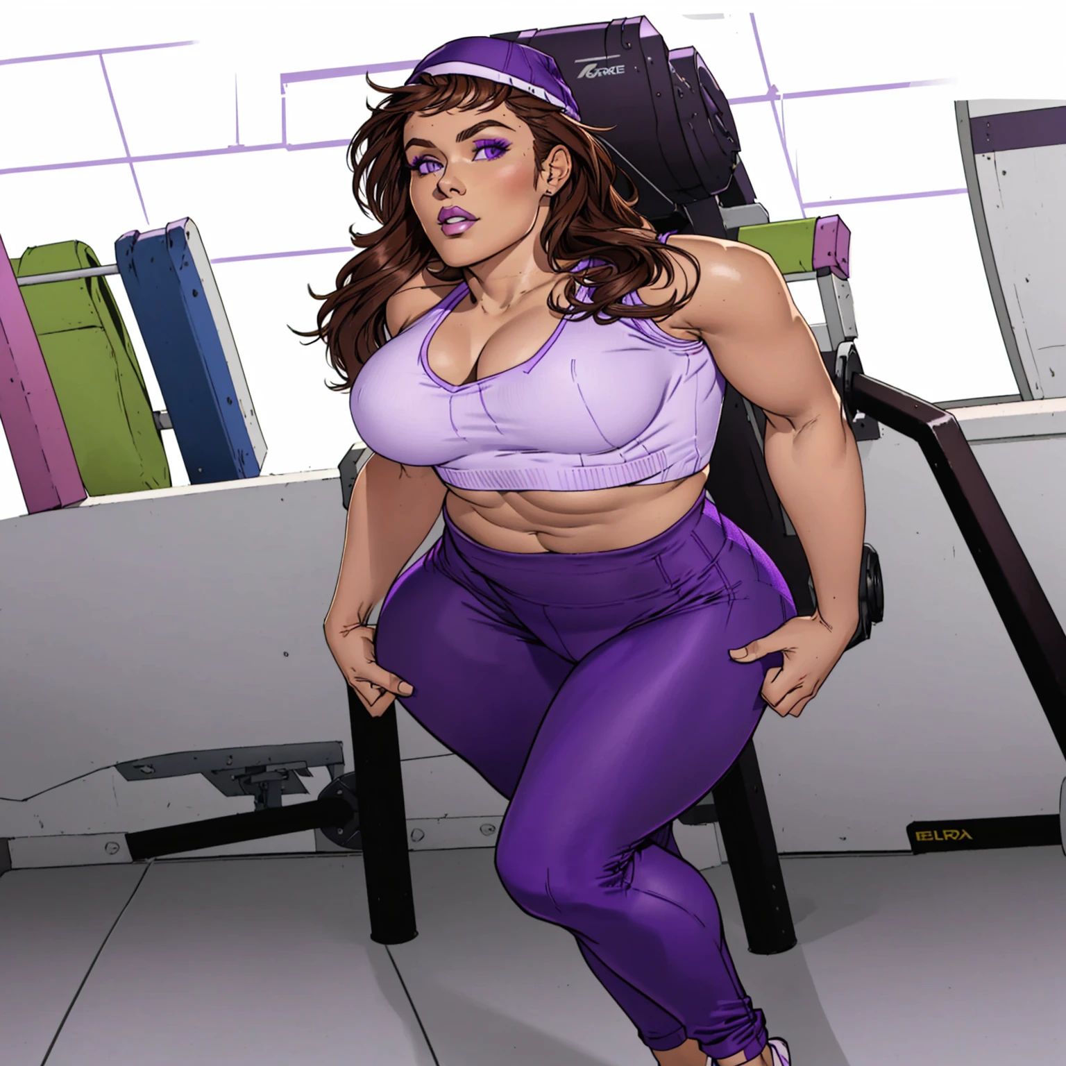 Arafed woman wearing a white top and purple pants posing for a photo., violet tight tanktop, tight attire, purple cap, in a gym, grace alexa, purple jumpers with leggings, annoy, tight, Angela Blanco, two piece sportswear, using fitness equipment, tight fit, tight outfit, Brown hair