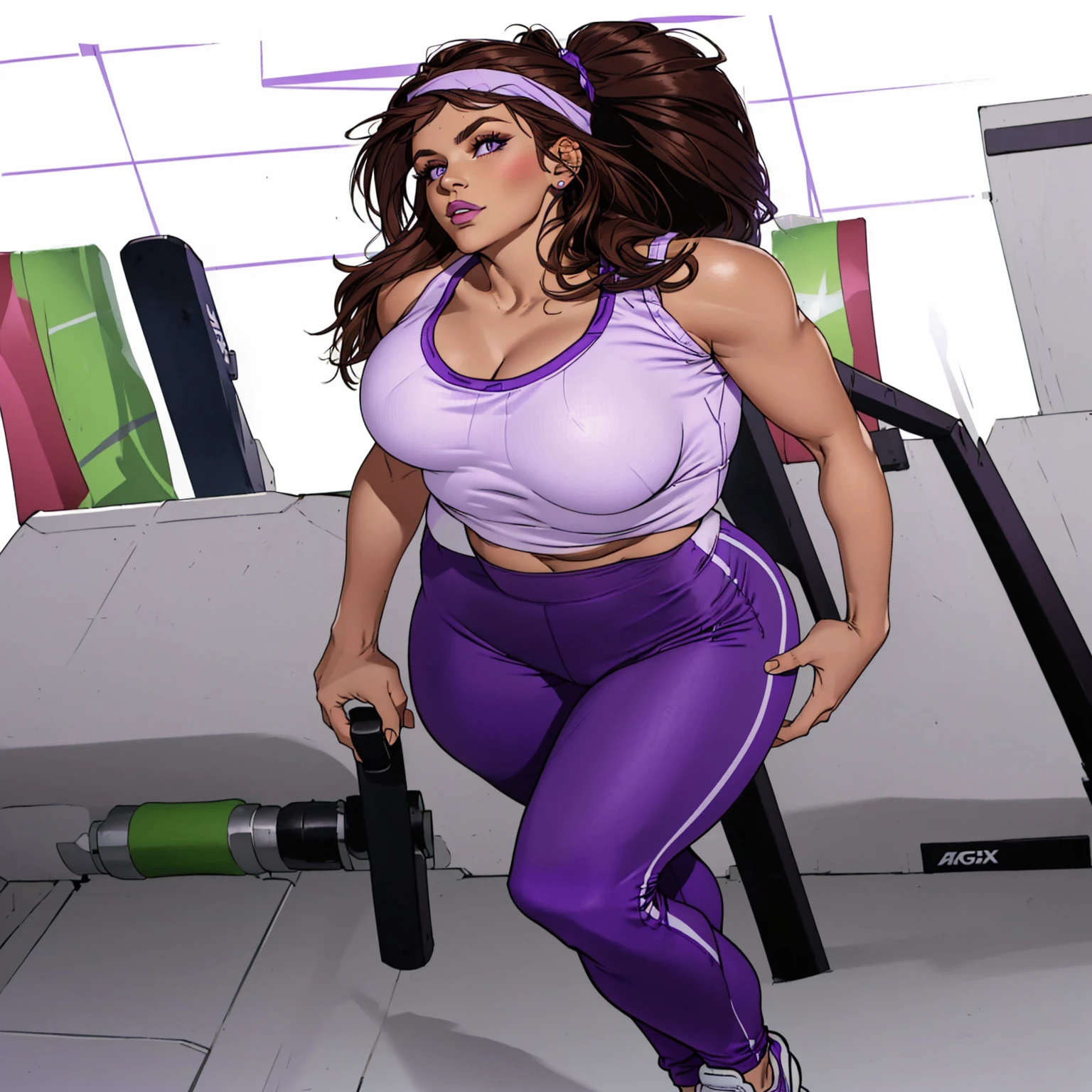 Arafed woman wearing a white top and purple pants posing for a photo., violet tight tanktop, tight attire, purple cap, in a gym, grace alexa, purple jumpers with leggings, annoy, tight, Angela Blanco, two piece sportswear, using fitness equipment, tight fit, tight outfit, Brown hair