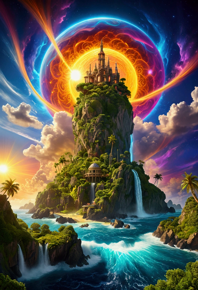 (Mysterious Island), in Starry Solstice, inspired by the glow of colorful distant celestial bodies, lighting up the night sky with a gentle hint of warmth and longing for the beauty that exists far beyond our reach, award-winning, cinematic still, emotional, vignette, dynamic, vivid, (masterpiece, best quality, Professional, perfect composition, very aesthetic, absurdres, ultra-detailed, intricate details:1.3)