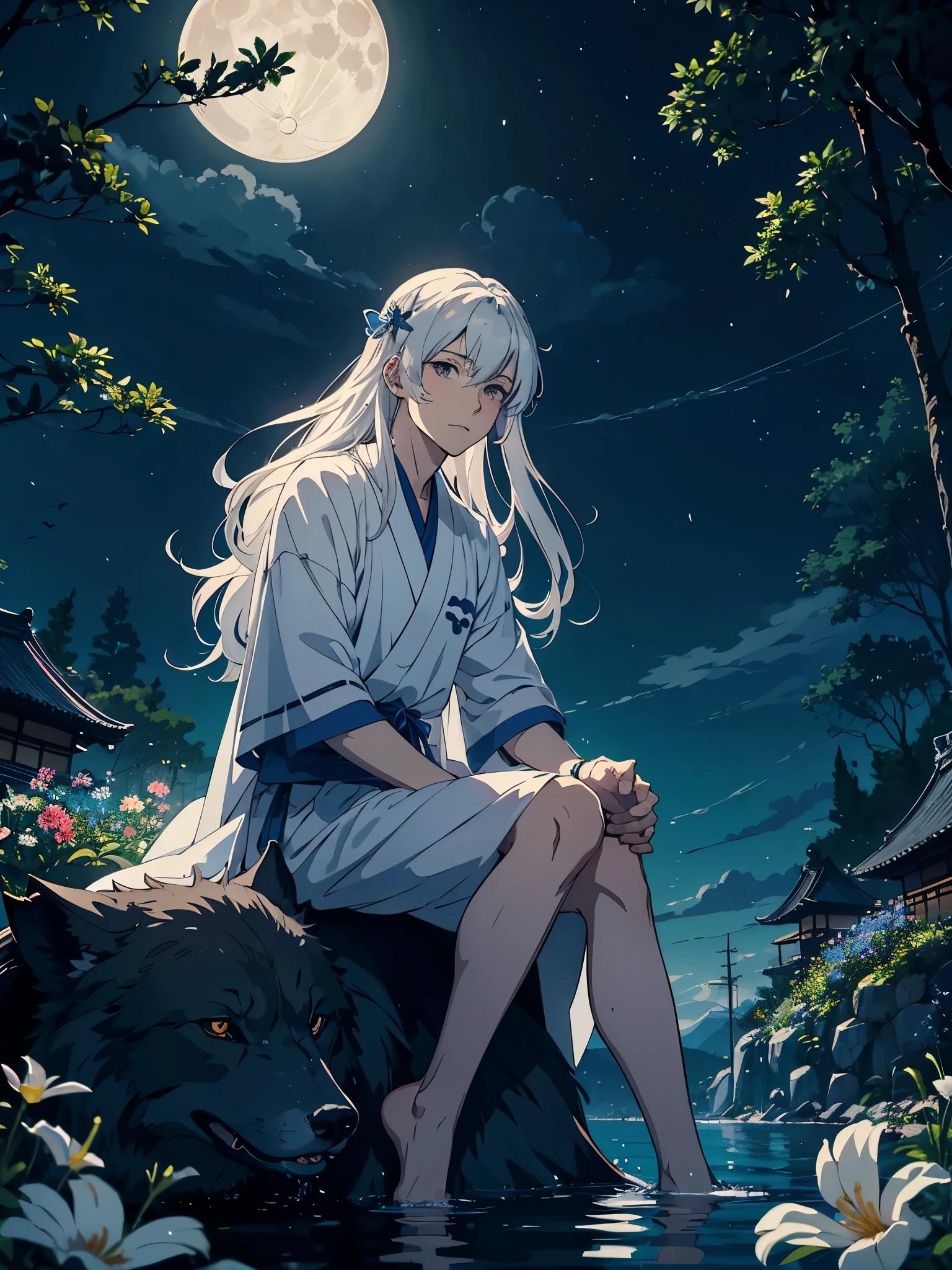 In japanischer . Big Wolf. day lights. More anime. light blue light. Bright bright light. magical. Moon. Sitting on a big white wolf. Lightening flowers. More anime. male. Blue flowers. Long hair. long white hair. aquatic, boy, God of the Moon, silver hair accessories, White hair.