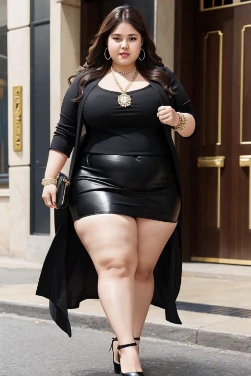 140kg extremely obese woman, mini skirt, high heel, necklace, earring, bracelet