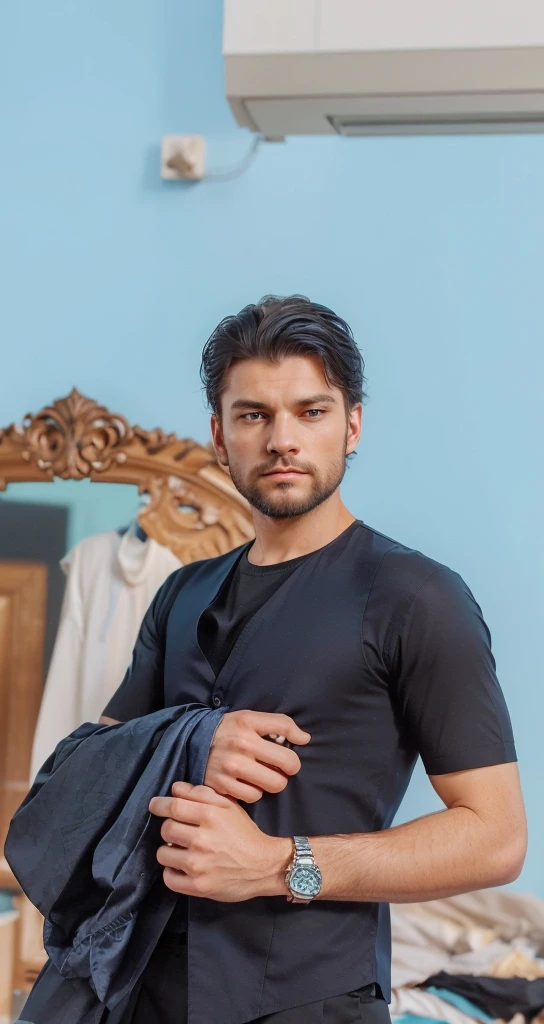 (professional man in elegant clothes), (sem beard,) (blue colored eyes) (portraite) Beautiful and serious appearance, Dark Blue Hair, elegant and elegant, and strong body very formal white shirt, (high quality and realistic image), ((best qualityer, 8k, work of art).