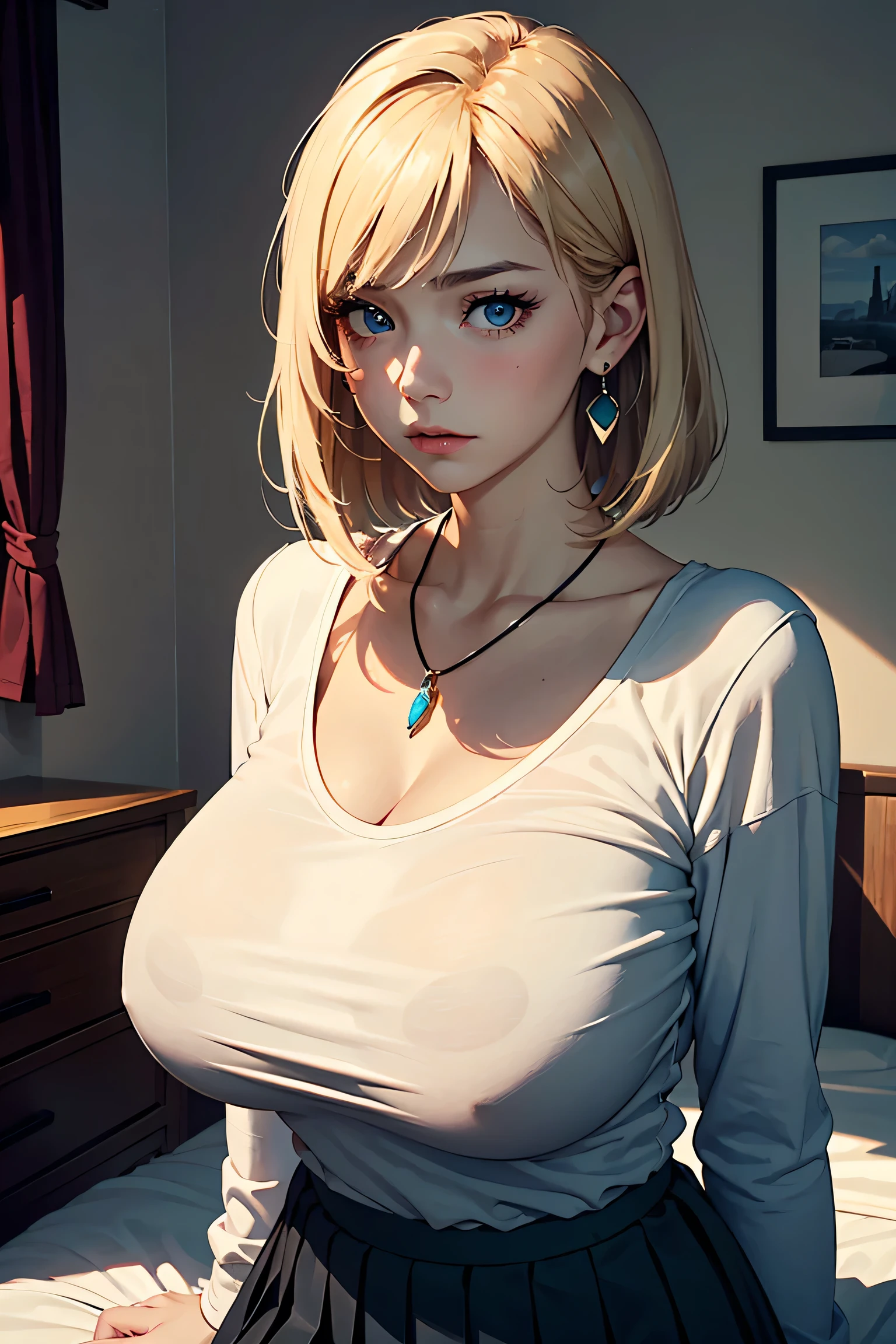 (masterpiece:1.2, Highest quality), (Realistic photos), Beautiful illustrations, (Natural side lighting, Cinema lighting),High detail、1 girl, Japanese、20-year-old female, Perfect Face, Symmetrical cute face, Glowing Skin, (short hair、Blonde), Dark blue eyes, (Huge breasts:1.3), Slender build, Flowing bangs、Beautiful Hair, Beautiful Face, Fine and beautiful eyes, Beautiful body, Beautiful breasts,Earrings、necklace、(black long sleeve t-shirt、Beige pleated skirt),Sad expression、Blushing、stand、bed、Bedroom