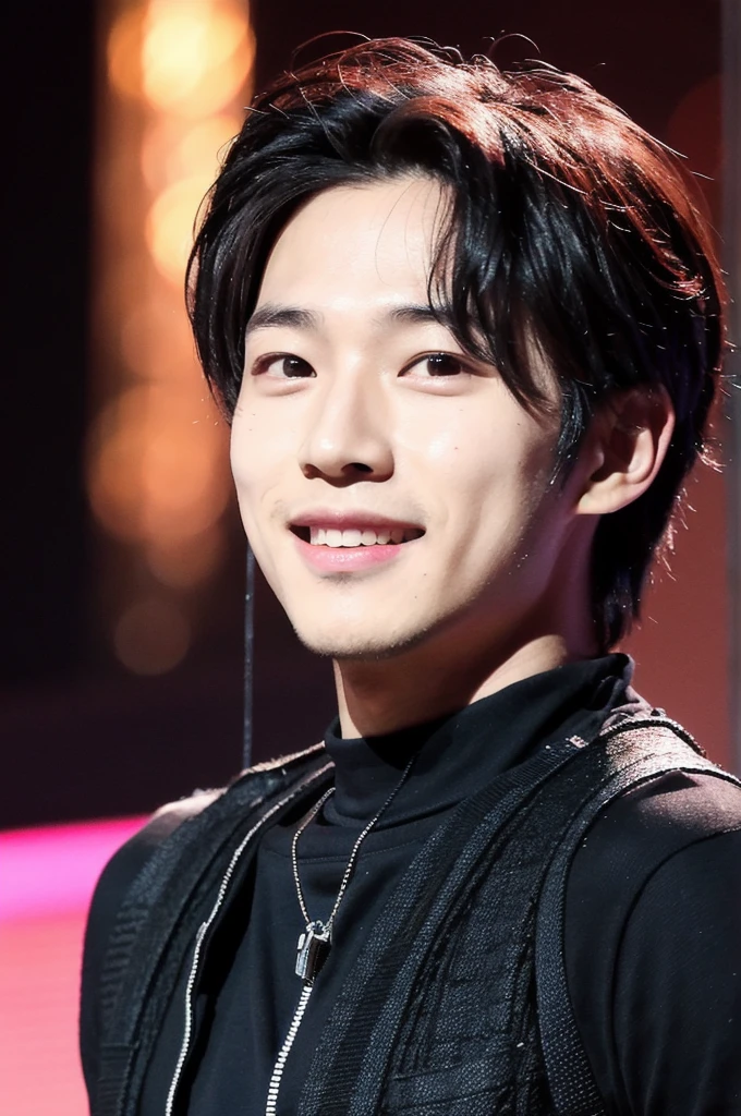 A Korean boy. Has soft, but expressive facial features with a charming smile. His style often emphasizes a powerful stage presence. He has light skin. he has black cool hair he is 23 years old