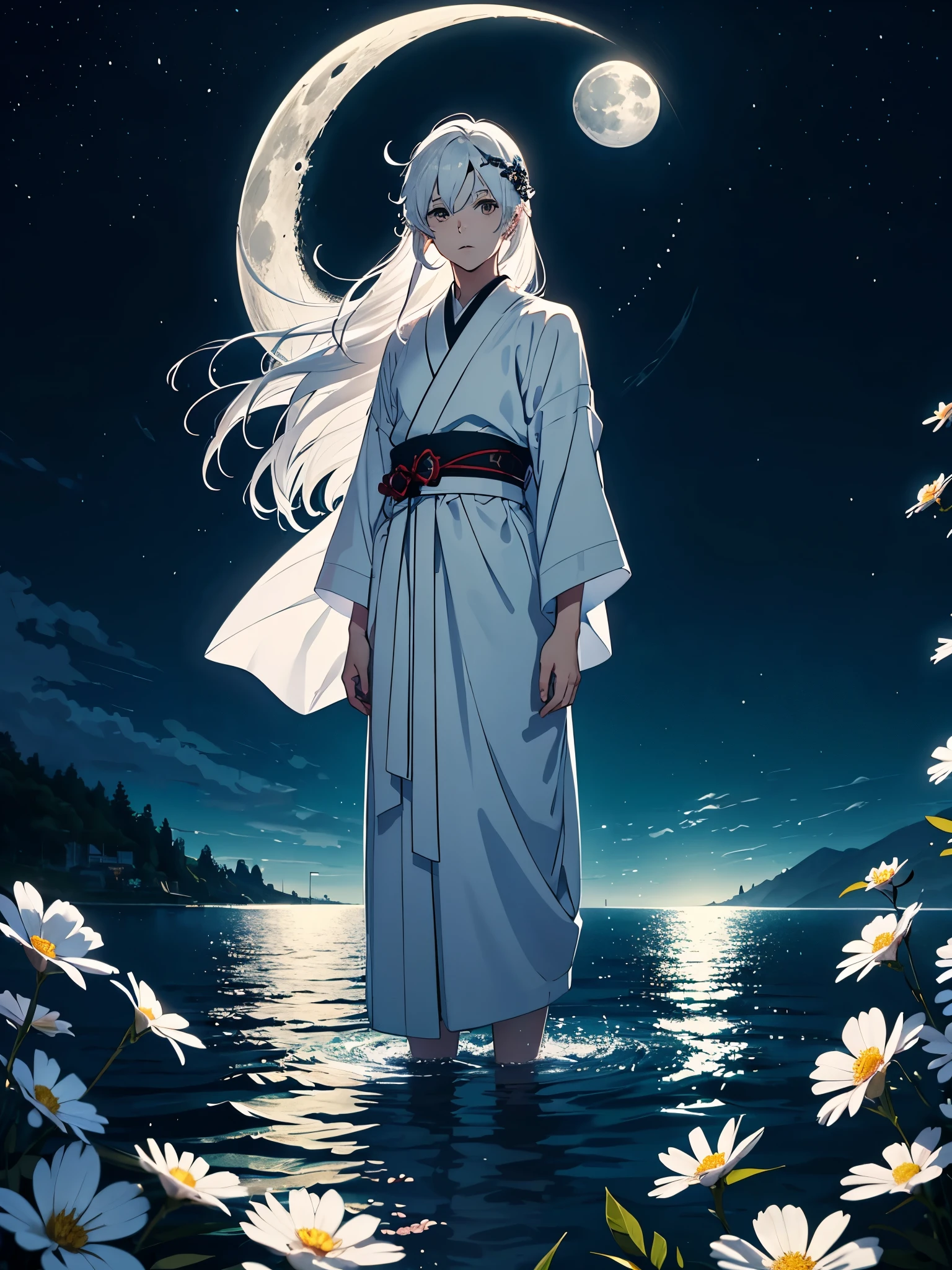 In japanischer . Engel. Viele weoße vögel. More anime. light blue light. Bright bright light. magical. Moon. White flowers. male. Long hair. long white hair. aquatic, boy, God of the Moon, silver hair accessories, White hair.