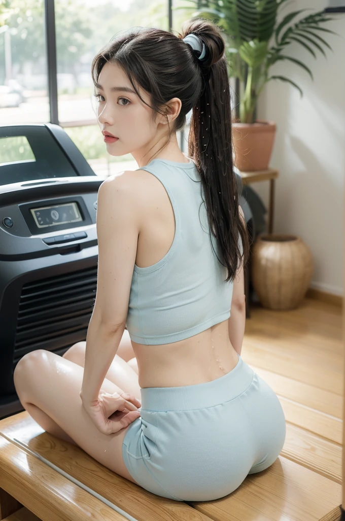 (((best quality))),(((ultra detailed))),(((masterpiece))),illustration,(1 beautiful girl,solo),((slim,thin)),((bare back,towering hips,butt crack)),(blush:1.5),summer afternoon,living room,sanctuary of tranquility,fitness,grace,(short ponytail:1.2),effortless elegance,((light blue yoga tank top,matching shorts)),youthful radiance,enchanting,inspiring,(sitting on treadmill:1.3),body drenched in perspiration,(sweat:1.5),dedication,inner strength,determination,composed,focused,eyes,lush potted plant,greenery,life,vitality,soft sunlight,warm patches of light,fragrant cookies,cozy ambiance,attire,functional,fashionable,comfort,flexibility,slender figure,curves,lightweight material,unrestricted movement,grip,treadmill's belt,propel,forward,serene expression,slight smile,lips,focused on horizon,visualizing goals,dreams,radiant beauty, comfortable clothing,determined spirit,captivating,inspiring image,essence of summertime fitness,self-care,((from back,upper body))