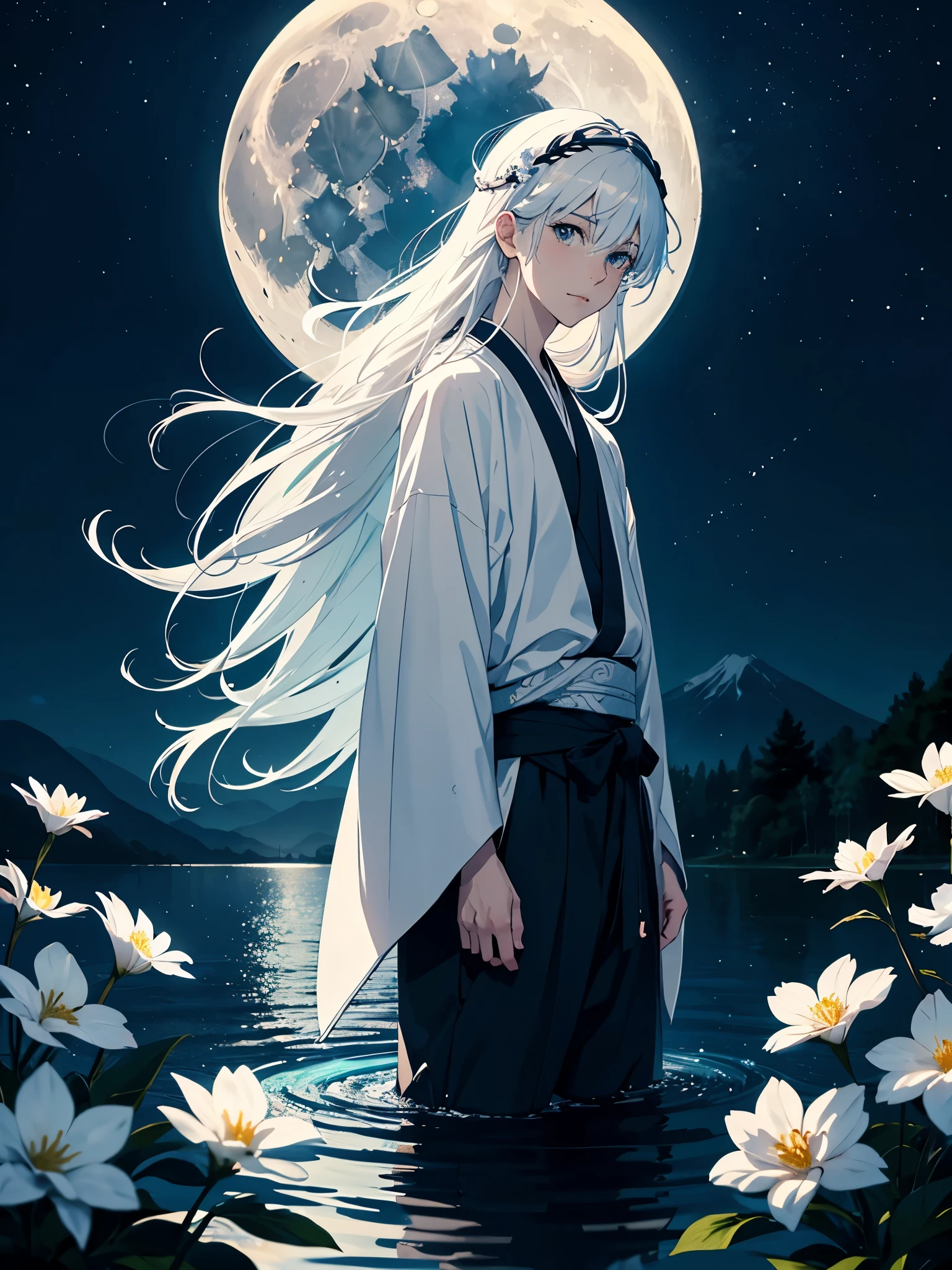 In japanischer . Engel. Viele weoße vögel. More anime. light blue light. Bright bright light. magical. Moon. White flowers. male. Long hair. long white hair. aquatic, boy, God of the Moon, silver hair accessories, White hair.