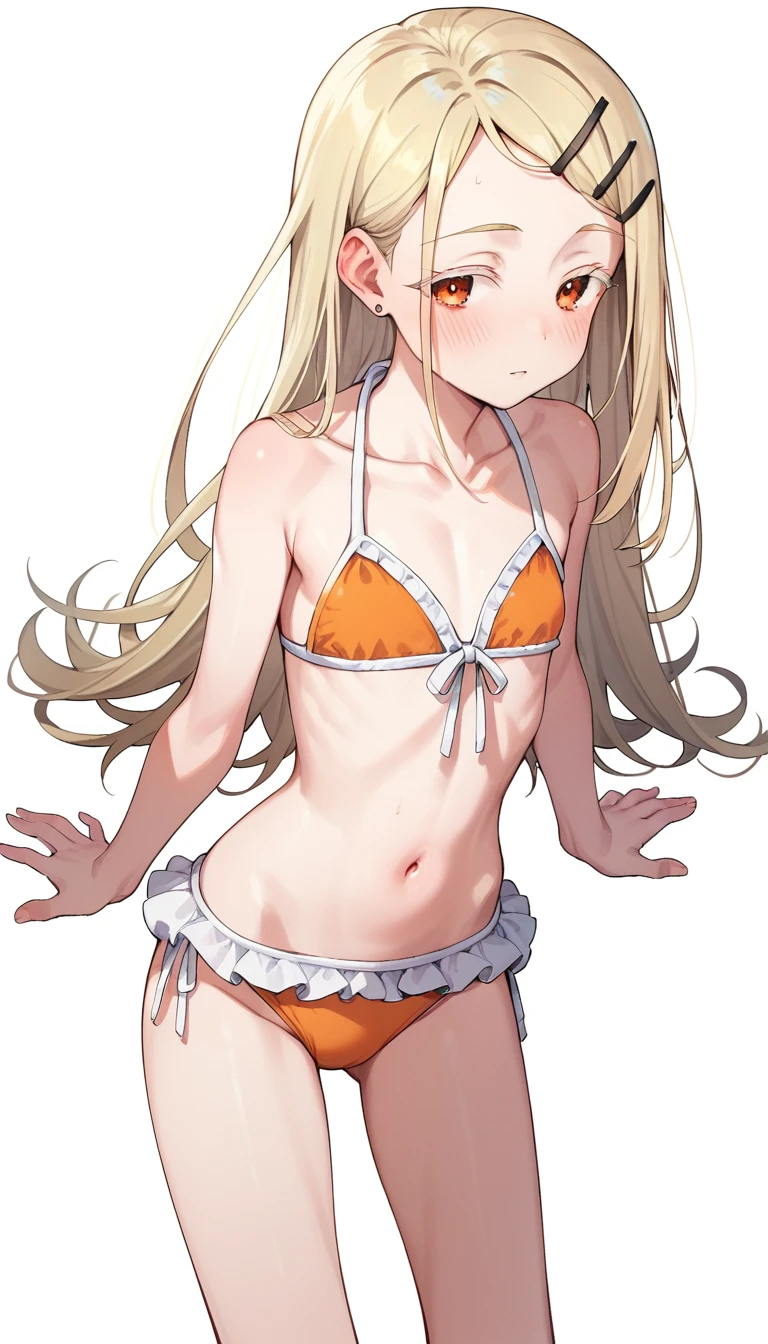 Highest quality, masterpiece, No correction, Beark,shinosawa hiro,thin,Orange eyes,White eyelashes,Blonde,Long Hair,Hair Clip,flat chest,white background,blush,frilled bikini,orange bikini,