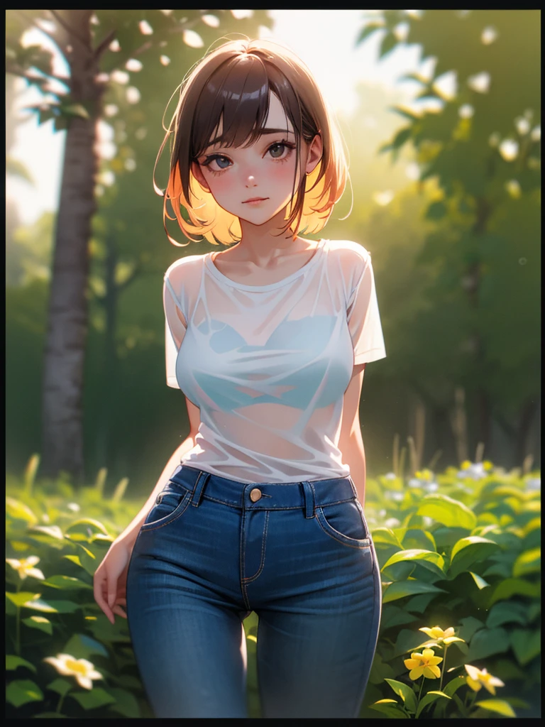 (Masterpiece), cowboy shot,8k wallpaper, solo, realistic anime, Watanabe you, standing, yellow crop top, short sleeves, pink jeans pants,thighs, sunny day,blue eyes, beautiful detailed face and eyes, detailed background ,park street , arms behind back, looking up, closed mouth