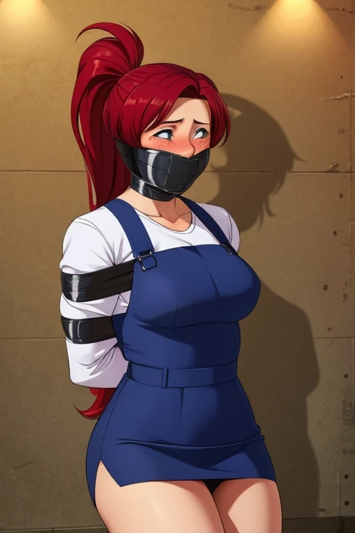 a girl with red hair and a ponytail, her arms bound behind her back with duct tape. She is wearing a shirt and a skirt. She has an improvised gag made of tape over her mouth, giving her a blush on her cheeks. The image should have a high-quality, realistic, and detailed rendering with vivid colors. The lighting should be natural, accentuating the girl's features, and creating a sense of depth. The overall style should be a mix of portrait and bondage art, combining elements of vulnerability and strength. The color tone should have a slight warm and nostalgic feel, enhancing the emotional impact of the image, barefoot, full body.