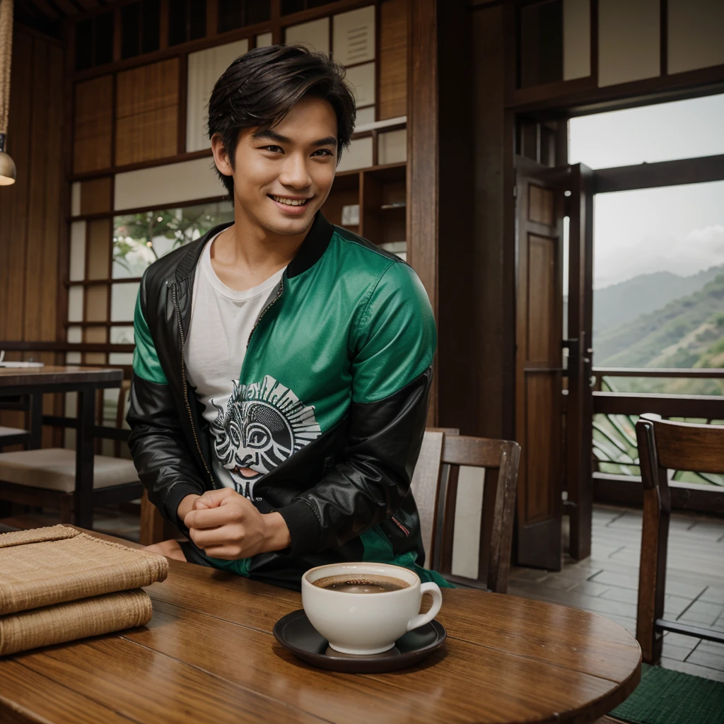 Professional photography of a handsome young asian. Wearing a black jacket, white, green and red t-sirt, with a picture of a balinese mask. Chatting a little smiling, sitting in an open cafe at the top of the mountain, on the table there was 1 cup of black coffe. With a view of the misty lake, the photo was taken with a vivo cellphone camera