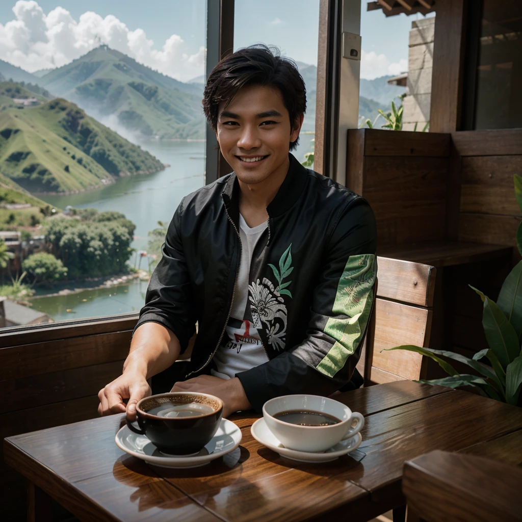 Professional photography of a handsome young asian. Wearing a black jacket, white, green and red t-sirt, with a picture of a balinese mask. Chatting a little smiling, sitting in an open cafe at the top of the mountain, on the table there was 1 cup of black coffe. With a view of the misty lake, the photo was taken with a vivo cellphone camera