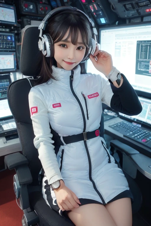 masterpiece, Highest quality, Very detailed, 8K Portrait,Japanese Android Girl,plump , Control panel,Robotic arms and legs, Blunt bangs,,break (Metallic Gray, Metallic luster, Mirror finish, Astro Best):5,headphone:5,break (Black sleeves):100,Smart Watches,Futuristic space station,Control Room,break headphone,blue eyes,(Black Hair):2,(Long Hair):1.3,Viewer Display,(respirator),break blush:3,Hidden Hand,smile