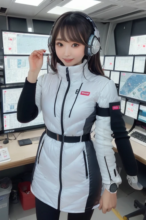 masterpiece, Highest quality, Very detailed, 8K Portrait,Japanese Android Girl,plump , Control panel,Robotic arms and legs, Blunt bangs,,break (Metallic Gray, Metallic luster, Mirror finish, Astro Best):5,headphone:5,break (Black sleeves):100,Smart Watches,Futuristic space station,Control Room,break headphone,blue eyes,(Black Hair):2,(Long Hair):1.3,Viewer Display,(respirator),break blush:3,Hidden Hand,smile