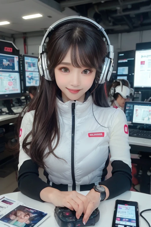 masterpiece, Highest quality, Very detailed, 8K Portrait,Japanese Android Girl,plump , Control panel,Robotic arms and legs, Blunt bangs,,break (Metallic Gray, Metallic luster, Mirror finish, Astro Best):5,headphone:5,break (Black sleeves):100,Smart Watches,Futuristic space station,Control Room,break headphone,blue eyes,(Black Hair):2,(Long Hair):1.3,Viewer Display,(respirator),break blush:3,Hidden Hand,smile
