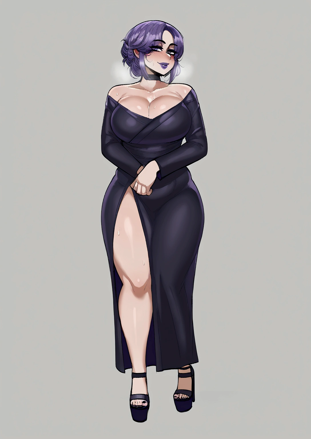 Elaborate CG artwork, (best qualtiy, exquisite detailing, absolute masterpiece), (((Very sexy pose))),(Plus Size Model)),, One woman in high heels),(((Purple hair))), Detailed beautiful mature face, very detailed beautiful face and eyes, (detailed seductive and sharp eyes), (plump shiny purple lips)), (Purple Eye Shadow), blush, (sadistic seductive smile), (glittery skin), (wet oily skin), goth girl, looking at right side