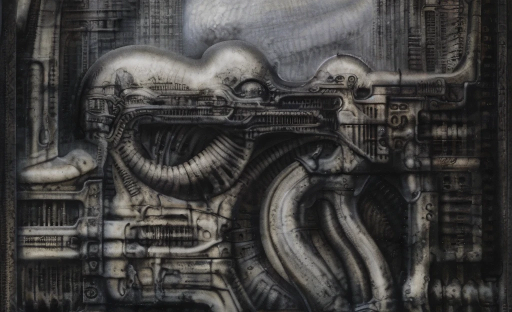 The image is a detailed view of H.R. Giger's biomechanical tableau \" Landscape XVI \" plate, featuring.
(airbrush painting, Giger's alien in front of broken alien ship in landscape, natural light, sharp focus, illustration, highly detailed, digital painting, concept art, matte, art by gric and kozhanov and moebius and Alphonse Mucha, masterpiece, HDR ,UHD , uplight, in HRGigerArhP style);1.
surrealistic painting of a monster with multiple tentacles and a body that looks like a brain, surrounded by a chaotic scene of swirling clouds and other monsters
It's a complex network of bones and organs in eldritch color scheme:a greenish-brown hue ,swirling gery and brown colors. The artwork is silverish and green brown, with an ivory bones prominently displayed. The image is highly detailed and intricate, almost like a 3d version of a medical sketchwork.
The piece is a tableau, most likely created with a India ink pen or pencil on paper, determined by the thin lines, shading techniques, and the texture of the paper, which is visible around the edges.
Used is pen, given the shading and variations in line weight visible in the image. Artist have used a variety of stylus with different degrees of hardness to achieve the shading effects.
The use of undersaturated green-grays dark contrasts creates a stark and graphic look. Is used a variety of linework techniques to create different textures. Fine, parallel lines create a smooth, metallic texture,while thicker, more cursive lines suggest cables or wires.
Light source from the top highlights skeletals, pper part of foreground, lower part of image is in shadowupper part of foreground, lower part of image is in shadow.
The art performance showcases the artist’s skills in observation and rendering. The level of detail in the piece suggests a close study of real bone specimens and mechanics. The artist has skillfully used shading techniques to create a convincing illusion of three-dimensionality on a flat surface. The wrinkles