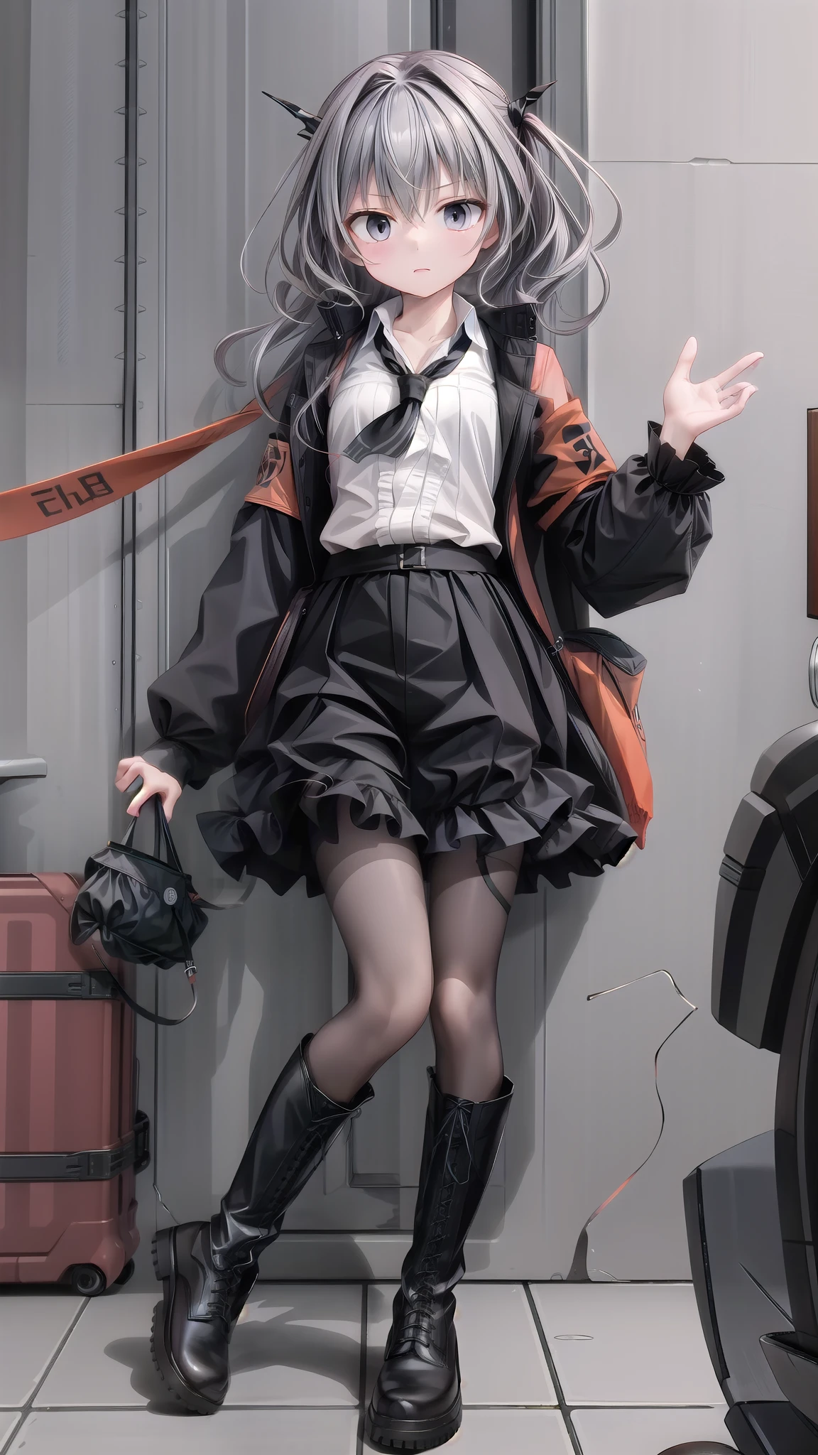 ((masterpiece)),(best quality),Official Art,Extremely detailed的 CG,Unity 8K wallpaper,Extremely detailed,1 Girl,Solitary,Cowboy shooting,Black_skirt,armband,grey_hair,Watching_exist_Viewer,High target_alls,long_sleeve,dragon_trumpet,High target_all_boots,Black_Ascot,Black_Footwear,orange_Ribbon,grey_Eye,Ruffles,hair_intake,Pantyhose,