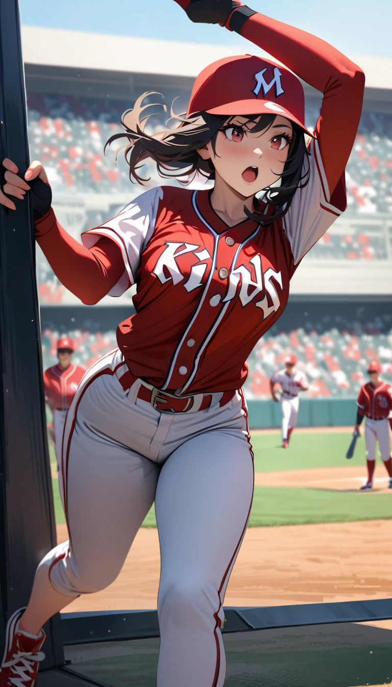 Woman hitting a home run,Baseball uniform,modern, Verism, masterpiece, textured skin, super detail, best quality, 4K