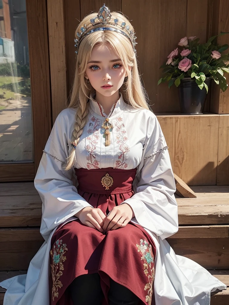 Nadia Ivanova is a 28-year-old Russian woman, originally from the historic city of Suzdal. Her beauty is marked by her light blue eyes and blonde hair., always braided into an intricate crown around the head. She wears a traditional Russian costume known as "sarafan", a garment rich in history and symbolism.
Nadia's sarafan is a deep red fabric, decorated with intricate golden embroidery representing flowers and geometric patterns, symbolizing prosperity and fertility. About the sarafan, She wears a white linen apron, also embroidered, but with a simpler pattern and in blue, which contrasts delicately with the red of the dress. The apron is tied at the waist with a wide, decorated ribbon..
Nadia also wears a long-sleeved blouse under her sarafan., made of white cotton, with red embroidered cuffs and collar. The blouse has a high collar, which closes with small mother-of-pearl buttons. Sobre seus ombros, she puts on a woolen shawl, hand painted with a vibrant floral motif that adds color and warmth to the set.
On the feet, Nadia wears soft leather high boots, dark brown in color, that are practical and comfortable for long walks through the fields and forests around your city. To complete the costume, ela usa um kokoshnik, a traditional Russian headdress. Nadia's kokoshnik is red velvet, adorned with pearls and small precious stones, reflecting your heritage and status.
In addition to your costume, Nadia is known for her skill in the art of tapestry and embroidery, skills passed down from generation to generation in your family. Your creations are not just practical, but also works of art, proudly displayed during local festivals and fairs.
Nadia is a woman with a strong spirit and a kind heart. She is respected in her community not just for her skills, but also for his wisdom and generosity. She actively participates in local celebrations and traditions, preserving and sharing rich Russian culture