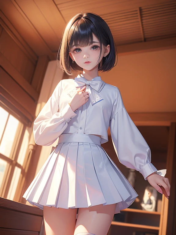 (masterpiece、Highest quality:1.7)、(:1.5)、(Shot from the calf up:1.3)、(Photo from behind:1.7)、((Bobcut))、Black Hair、85mm、16K、Official Art、RAW Photos、Best Beautiful Faces、Close-up、Violet、Gardenia、((The best beautiful girl、very cute))、Red blush on cheeks、((indoor))、(Standing and looking towards me:1.8)、Film Grain、Chromatic Aberration、Sharp Focus、(((Nice hands、Perfect hands、Perfect Fingers、Thin and delicate fingers、A perfect body without flaws)))、Detailed face、(Slender body:1.5)、(Slender body:1.3)、(Slim upper body:1.2)、(Small and flat bust:1.7)、(Narrow thighs:1.2)、(Let your bangs hang down:1.8)、(Blushing:1.8)、(Low contrast lighting:1.4)、(襟付きのwhiteタイトビジネスブラウス:1.5)、(Long sleeve: 1.4)、(The length is very short(white)Pleated mini skirt:1.7),(The wind is blowing up her skirt:1.8),(Low angle from below:1.8)