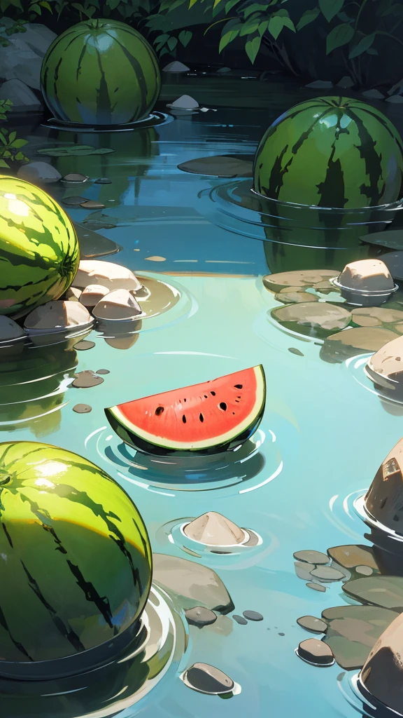 Create a photograph of a watermelon partially submerged in a clear stream with rocks and pebbles visible through the water. The setting should be natural and serene, capturing the contrast between the vibrant green of the watermelon and the clear, flowing water. The overall atmosphere should evoke a sense of tranquility and the refreshing coolness of summer.