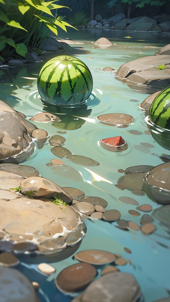 Create a photograph of a watermelon partially submerged in a clear stream with rocks and pebbles visible through the water. The setting should be natural and serene, capturing the contrast between the vibrant green of the watermelon and the clear, flowing water. The overall atmosphere should evoke a sense of tranquility and the refreshing coolness of summer.