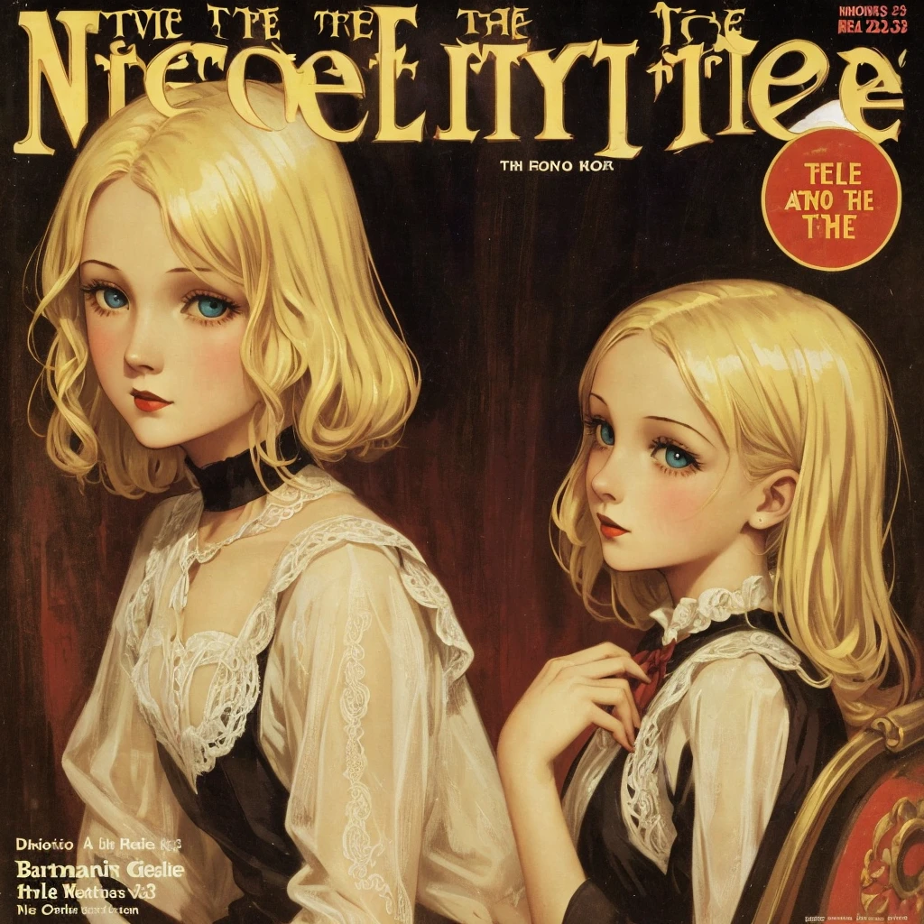cover mistery magazine weird tale full lenght girl, cute face full lenght , 1 girl pose for cover horror magazine weird tale , magazine age 1933, high quality, Blonde beauty