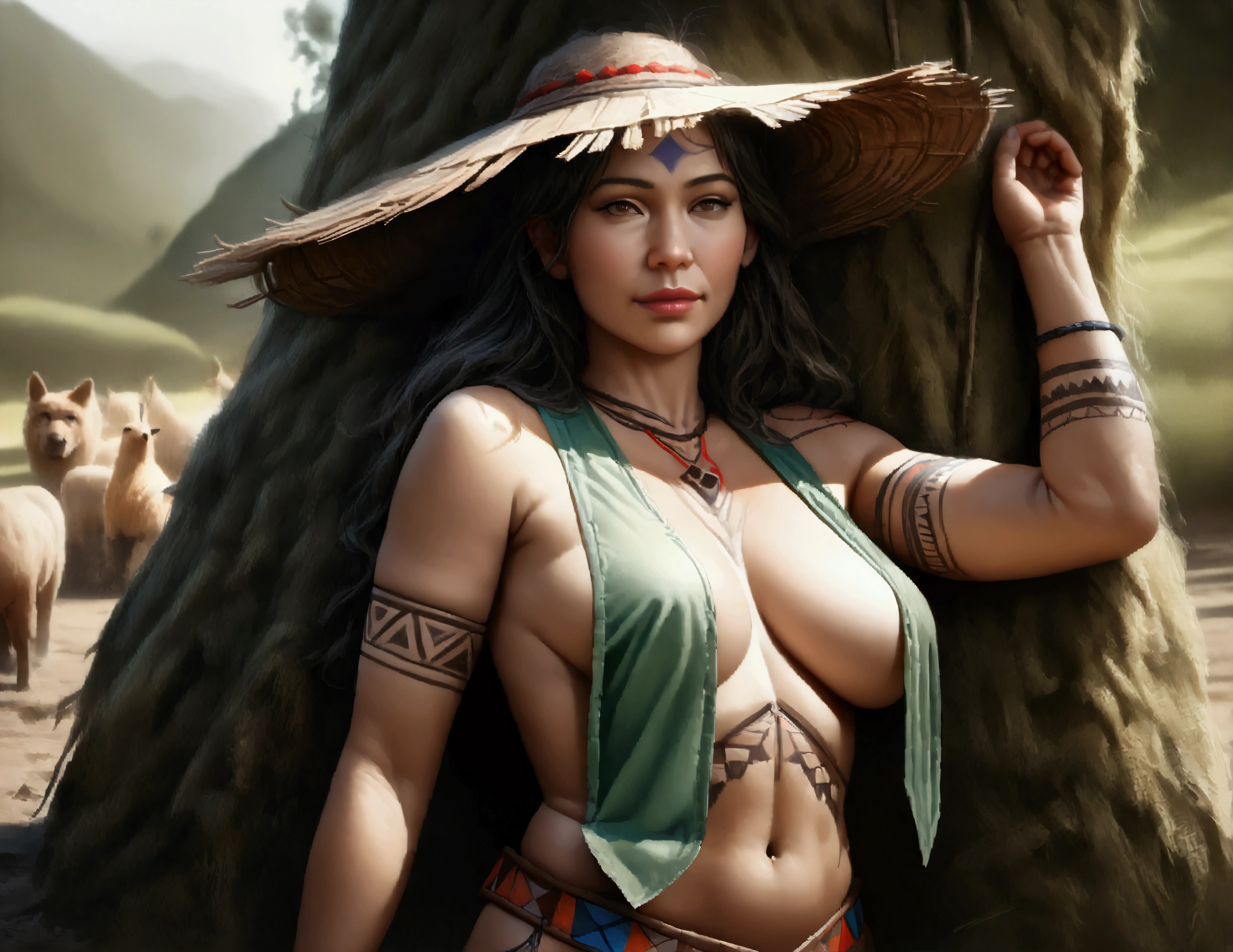 (best quality,4k,8k,highres,masterpiece:1.2),ultra-detailed,(realistic,photorealistic,photo-realistic:1.37),full body portrait of beautiful alien (light green skin, small cute antenna) native tribal woman in muddy primitive farm:1.2,(herding affectionate 3 foot tall 3 feet wide bioluminescent tentacle monsters)(primitive straw broad rim hat, colorful tribal belt, unclad, some tribal tattooing and intricate extensive body paint, breast curtains, confidence, big natural breast), (vivid colors, outdoors, green pastures). (head to toe, show all of her)(Safe for work)
