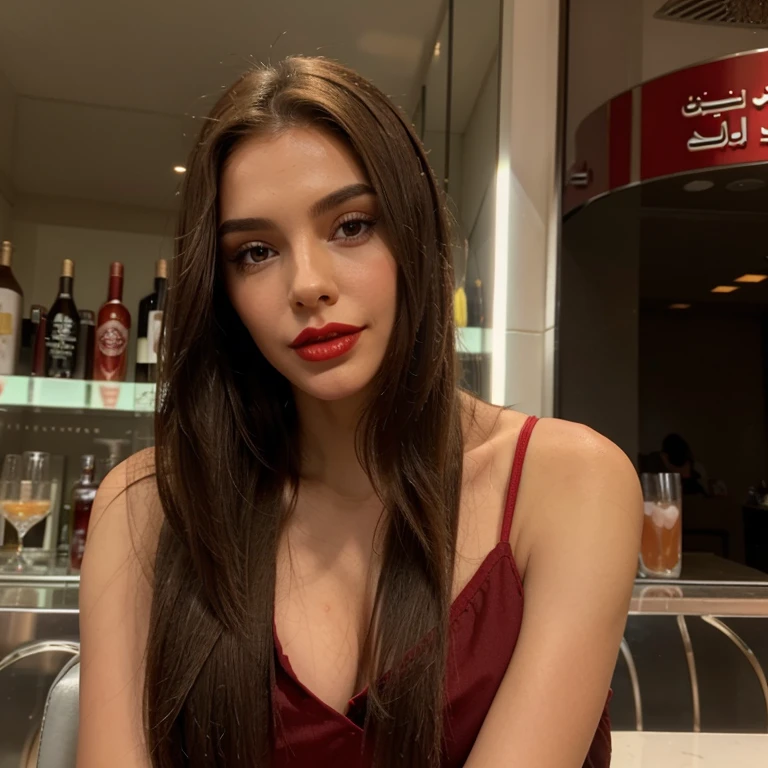 1 solo girl, brunette straight hair, Red lips, head, looks straight ahead,  in dubai, enjoying a drink