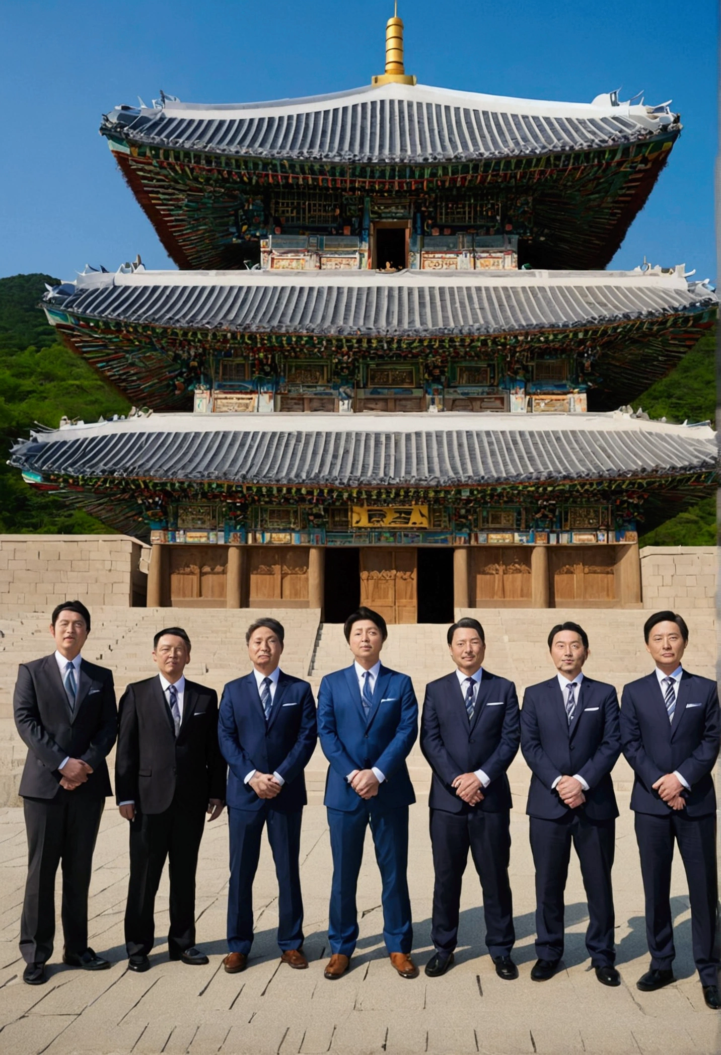 seven korean pastors in suits standing in front of a the tabernacle temple in gwacheon, church of the seven stars , background artwork, palace background, church background, style of madhouse anime, in the anime film, tabernacle temple , style of leonardo da vinci painting, in japanese painting style, standing near a castle, castle background, in style of creation of adam